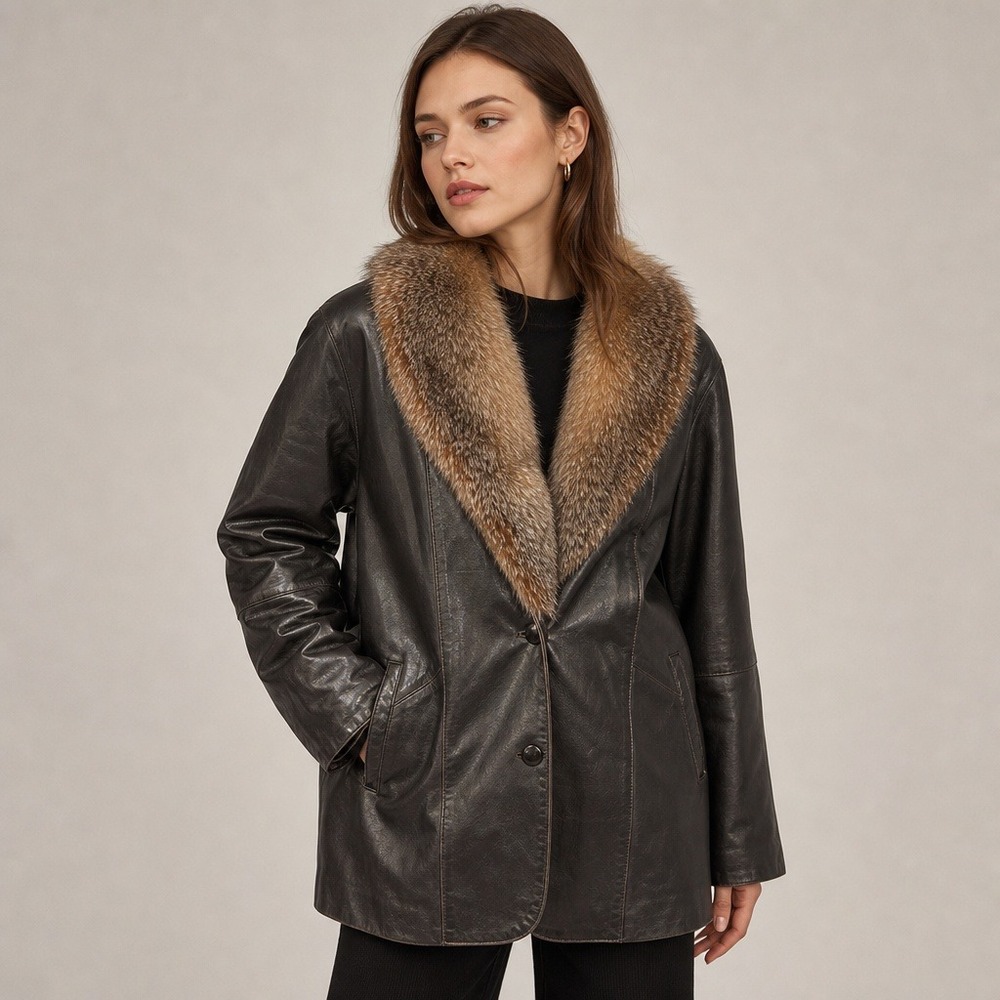 CHOSEN Women's Leather Coat M Brown Fox Fur Collar Two-Button